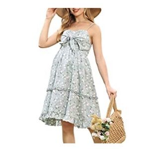 Baby blue pink and white floral front tie maternity midi sundress
